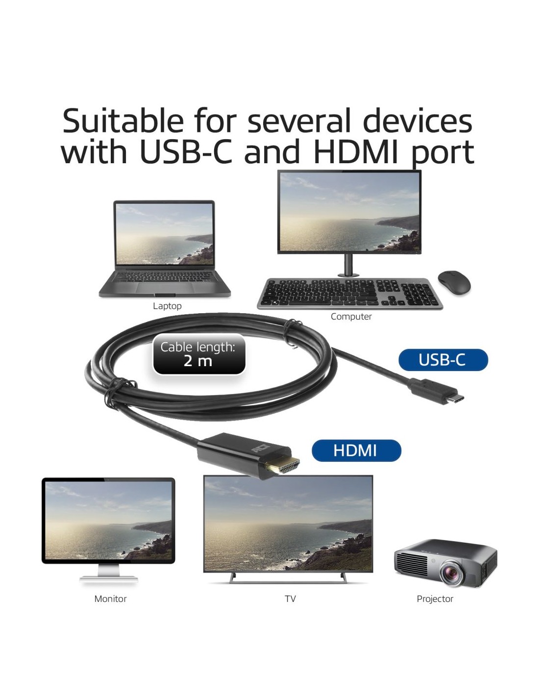 ACT AC7315 video kabel adapter 2 m USB Type-C HDMI Type A (Standaard) Zwart