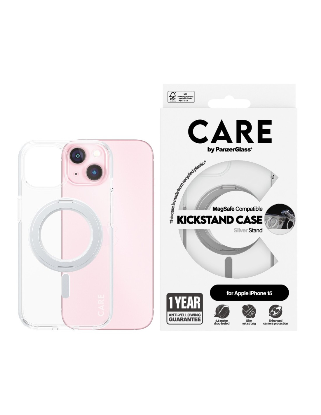 CARE by PanzerGlass Feature Case Transparent w. Silver Kickstand & MagSafe iPhone15
