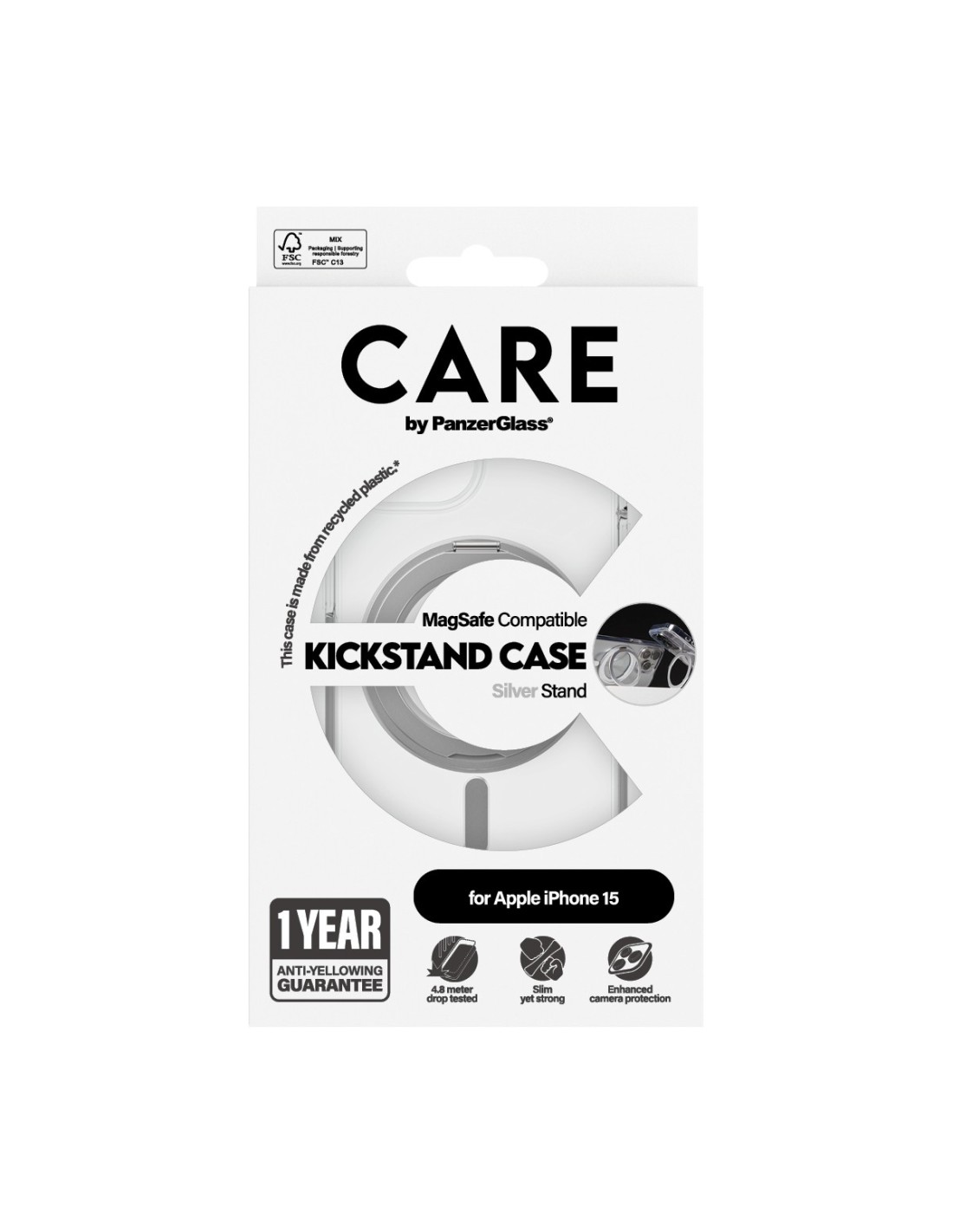 CARE by PanzerGlass Feature Case Transparent w. Silver Kickstand & MagSafe iPhone15