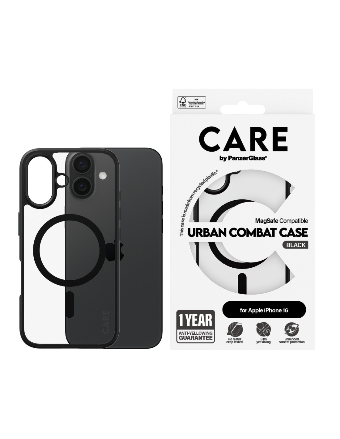 CARE by PanzerGlass Flagship Case Transparent Urban Combat w. Black Frame & MagSafe iPhone 16