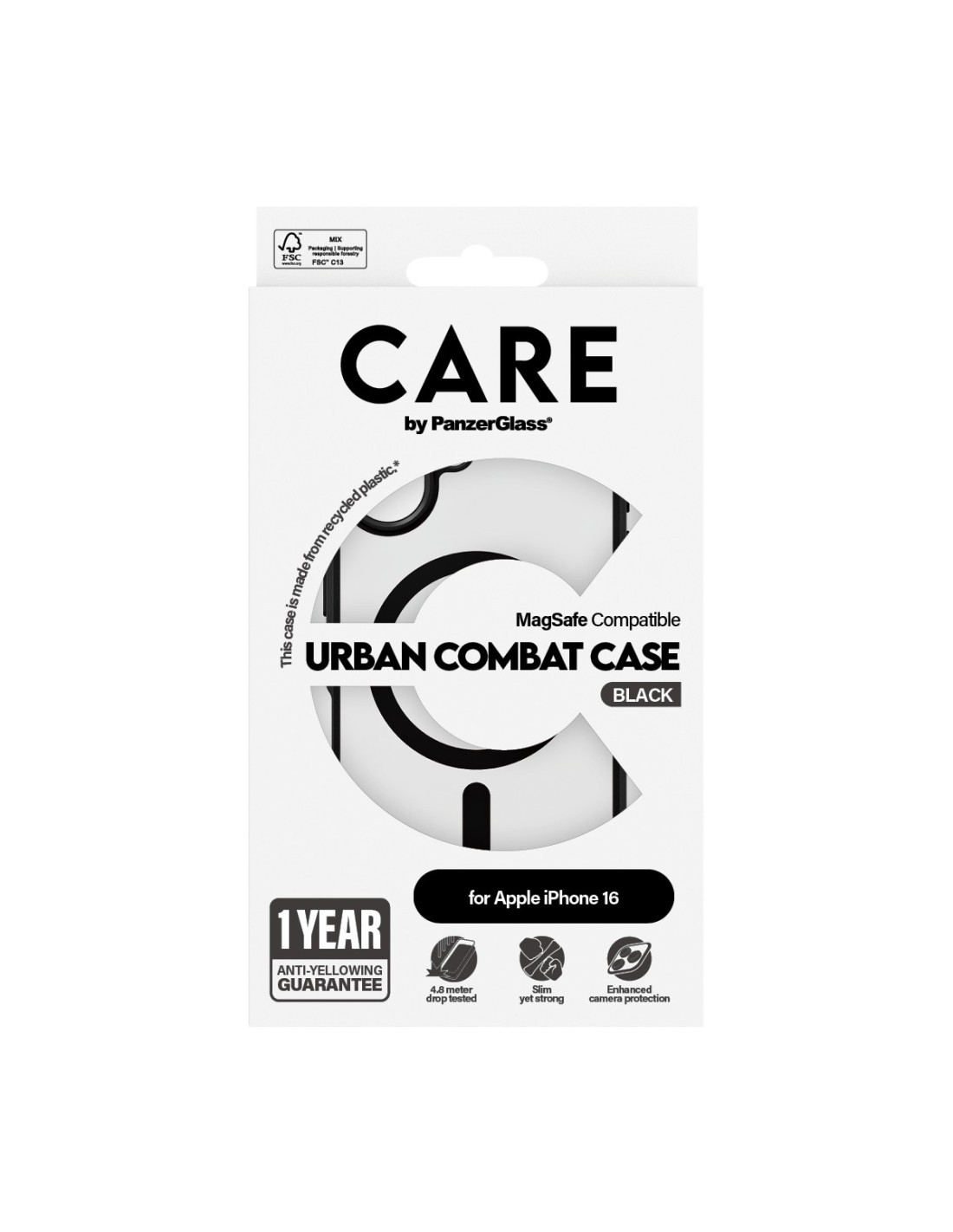 CARE by PanzerGlass Flagship Case Transparent Urban Combat w. Black Frame & MagSafe iPhone 16