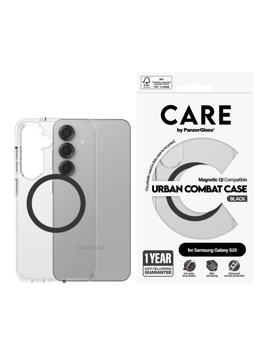 CARE by PanzerGlass Flagship Case Transparent Urban Combat w. Black QI Module Samsung S25
