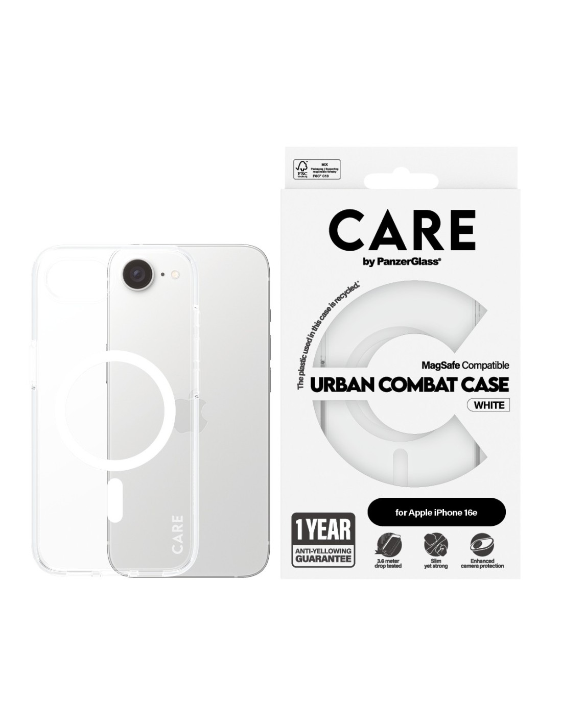 CARE by PanzerGlass Flagship Case Transparent Urban Combat w. White MagSafe iPhone 16e