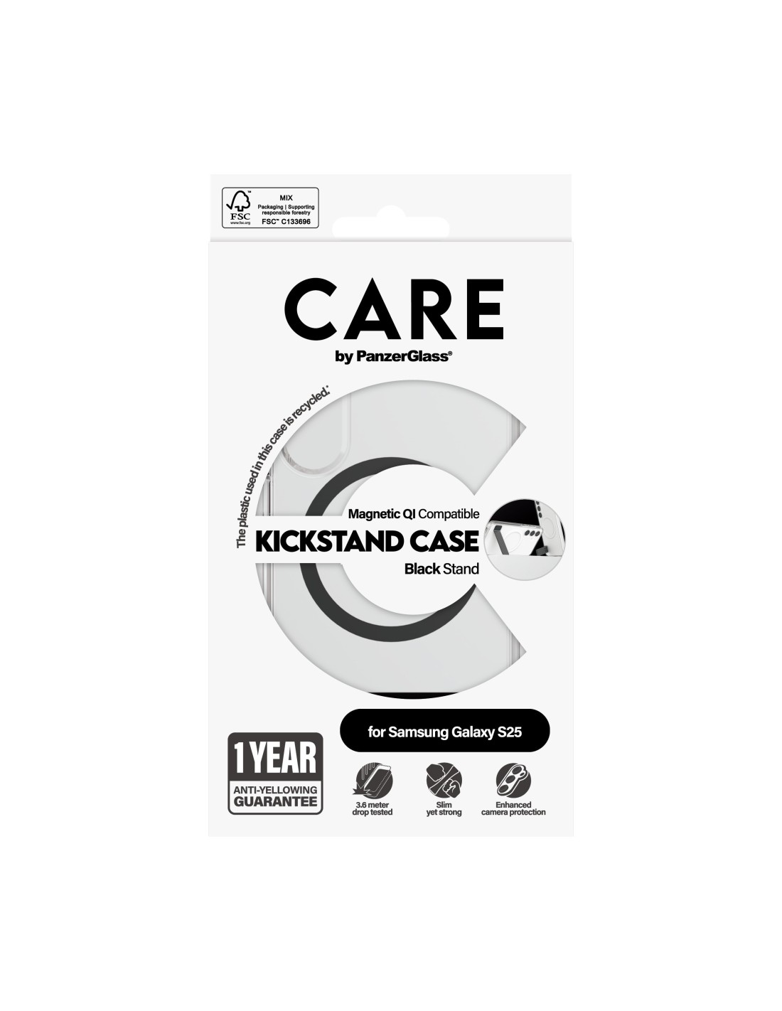 CARE by PanzerGlass Feature Case Transparent w. Black Kickstand & QI Samsung S25