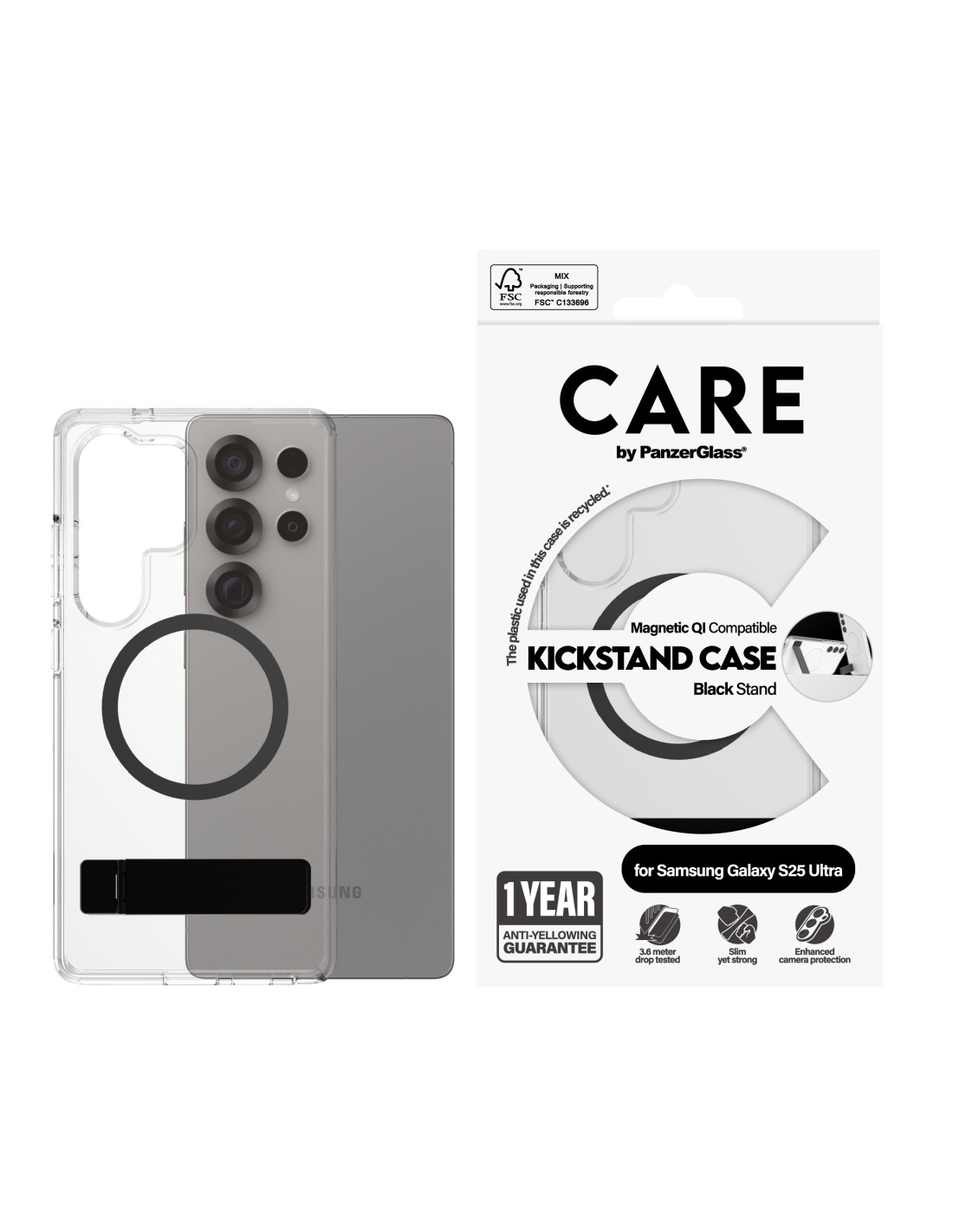 CARE by PanzerGlass Feature Case Transparent w. Black Kickstand & QI Samsung S25 Ultra