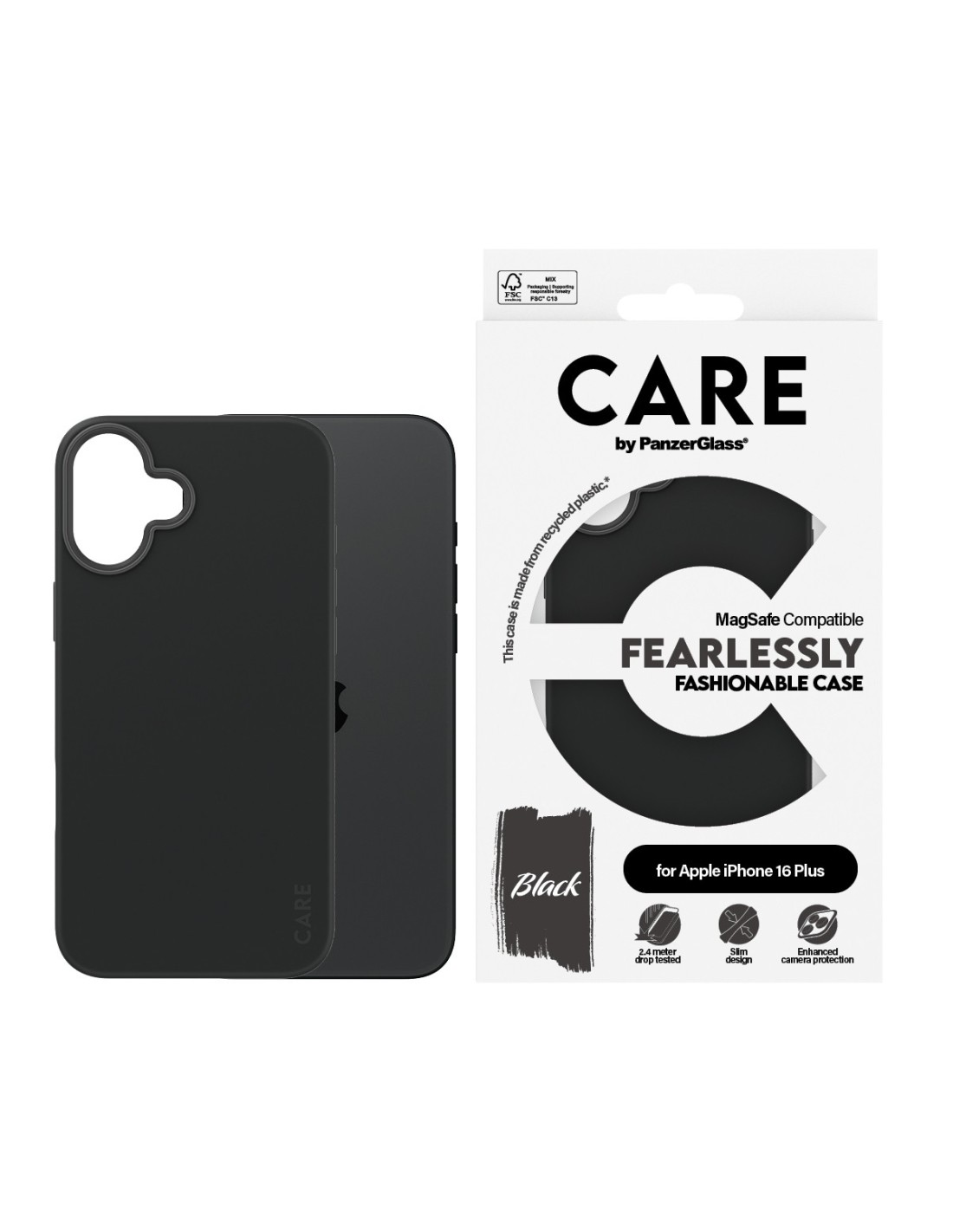 CARE by PanzerGlass Fashionable Case Black w. MagSafe iPhone 16 Plus