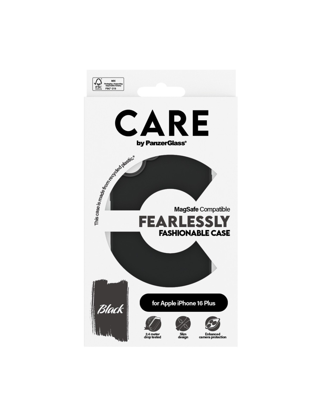 CARE by PanzerGlass Fashionable Case Black w. MagSafe iPhone 16 Plus