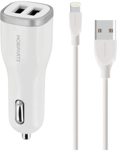 Mobiparts Car Charger Dual USB 12W 2.4A + Lightning Cable White