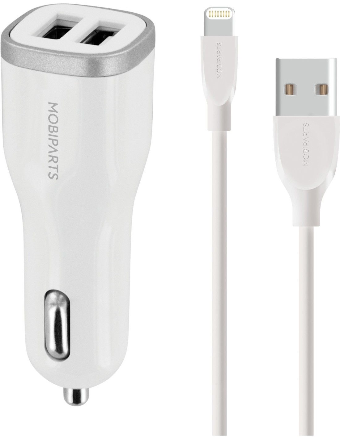 Mobiparts Car Charger Dual USB 24W 4.8A + Lightning Cable White