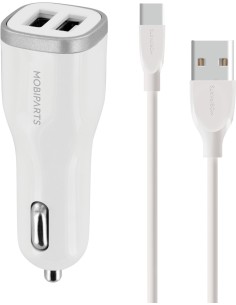 Mobiparts Car Charger Dual USB 12W 2.4A + USB-C Cable White