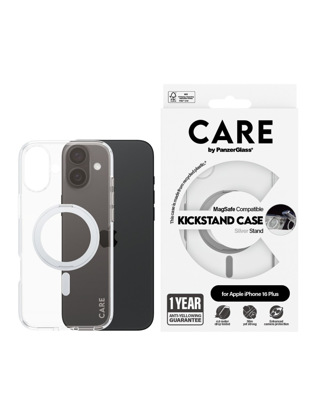 CARE by PanzerGlass Feature Case Transparent w. Silver Kickstand & MagSafe iPhone 16 Plus