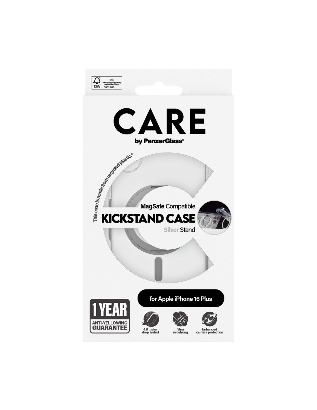 CARE by PanzerGlass Feature Case Transparent w. Silver Kickstand & MagSafe iPhone 16 Plus
