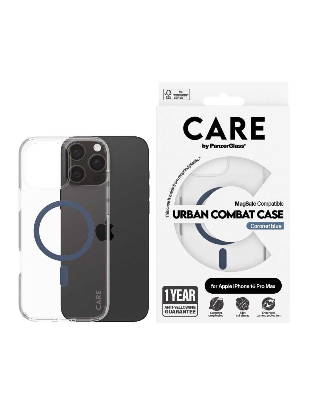 CARE by PanzerGlass Flagship Case Transparent Urban Combat w. Blue MagSafe iPhone 16 Pro Max