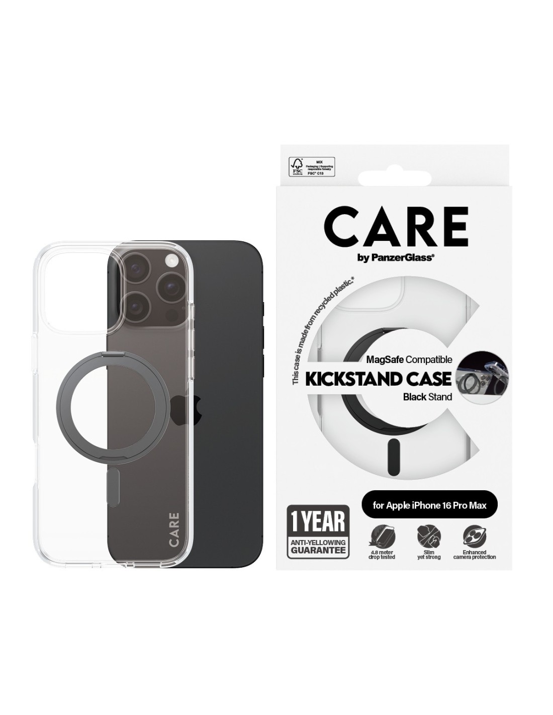 CARE by PanzerGlass Feature Case Transparent w. Black Kickstand & MagSafe iPhone 16 Pro Max