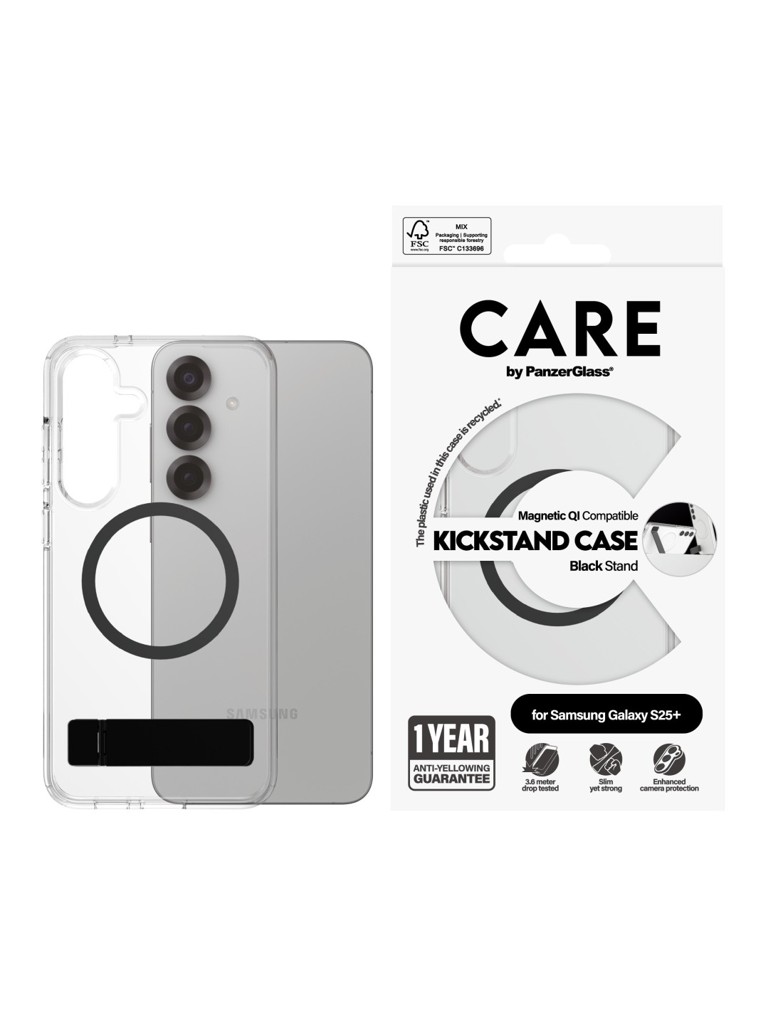 CARE by PanzerGlass Feature Case Transparent w. Black Kickstand & QI Samsung S25 Plus