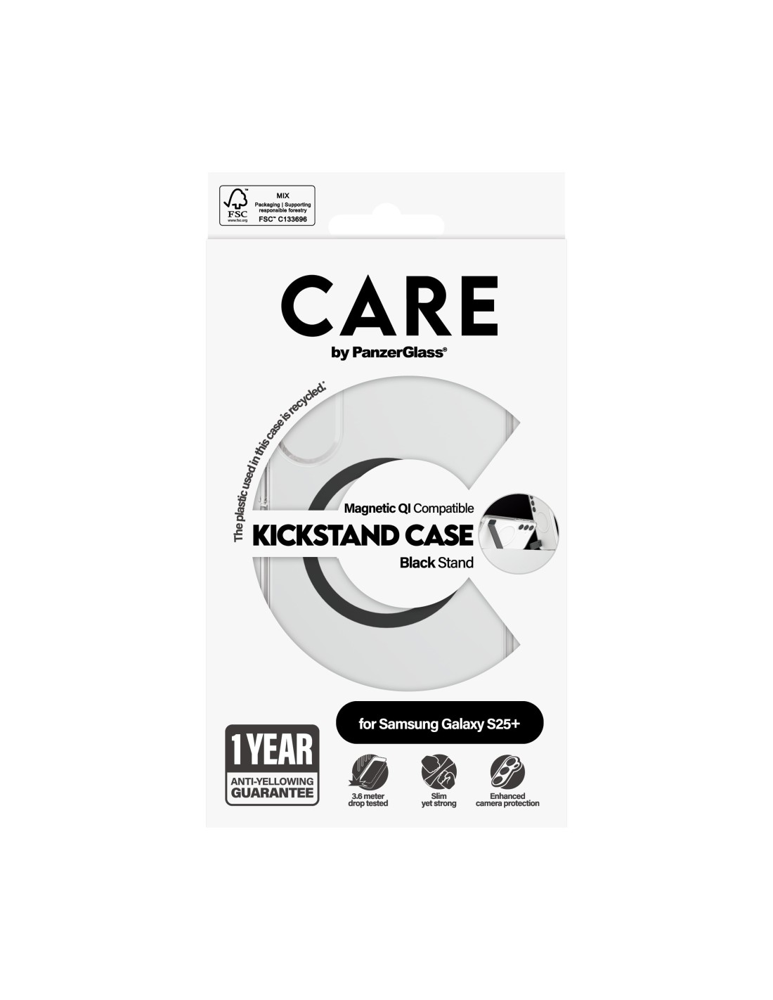 CARE by PanzerGlass Feature Case Transparent w. Black Kickstand & QI Samsung S25 Plus