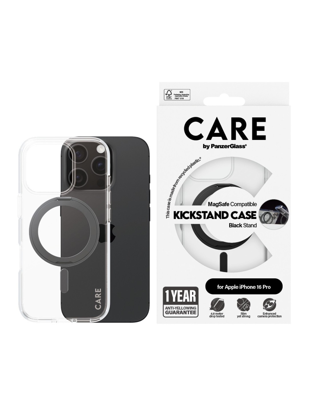 CARE by PanzerGlass Feature Case Transparent w. Black Kickstand & MagSafe iPhone 16 Pro