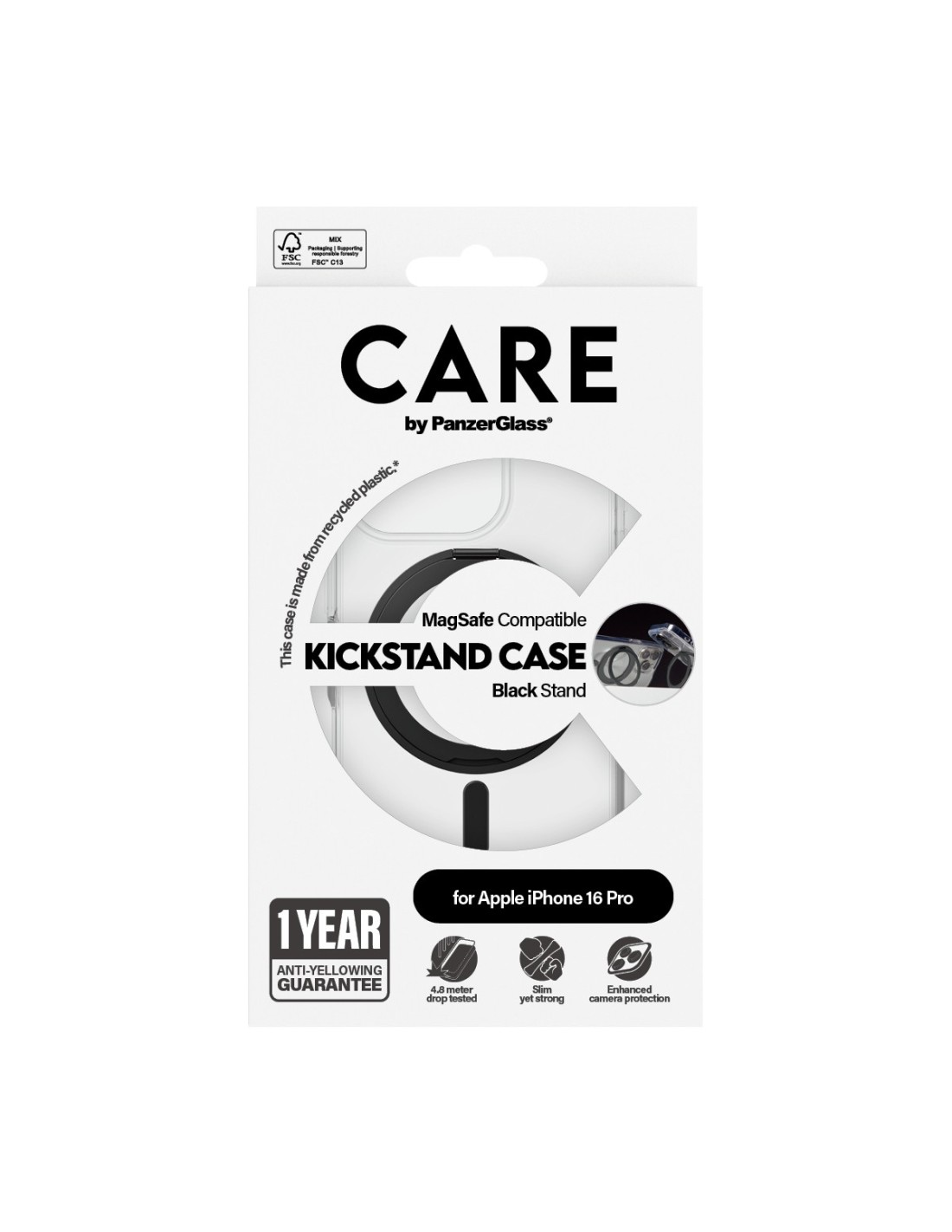 CARE by PanzerGlass Feature Case Transparent w. Black Kickstand & MagSafe iPhone 16 Pro