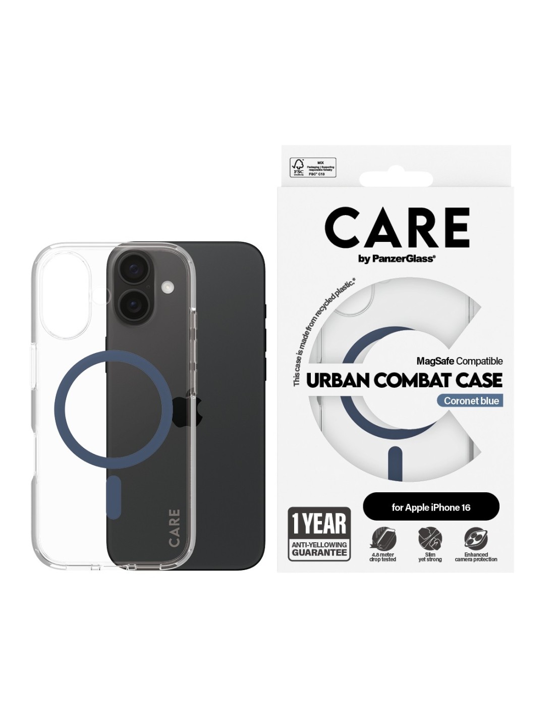 CARE by PanzerGlass Flagship Case Transparent Urban Combat w. Blue MagSafe iPhone 16