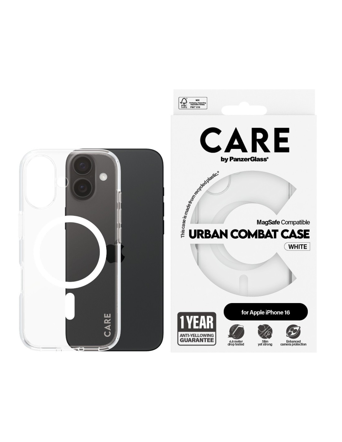 CARE by PanzerGlass Flagship Case Transparent Urban Combat w. White MagSafe iPhone 16