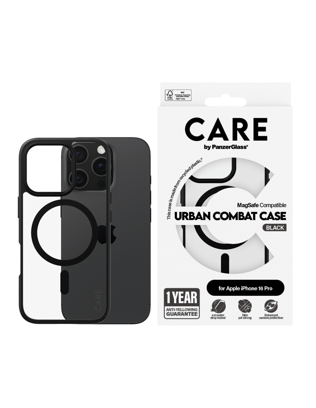 CARE by PanzerGlass Flagship Case Transparent Urban Combat w. Black Frame & MagSafe iPhone 16 Pro