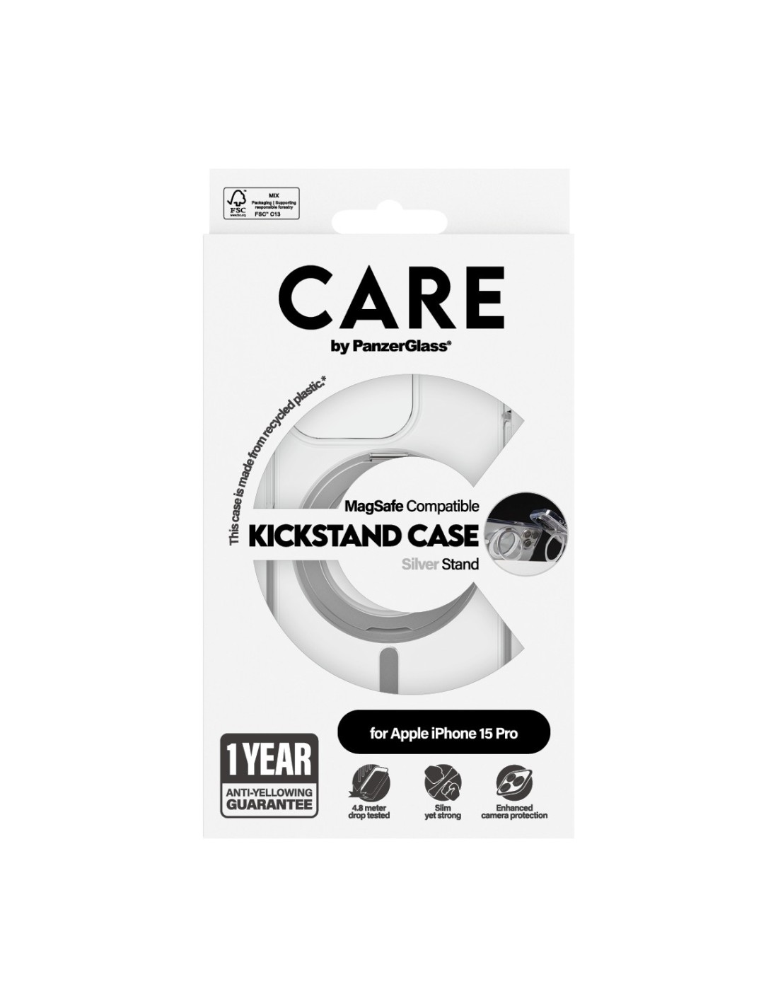 CARE by PanzerGlass Feature Case Transparent w. Silver Kickstand & MagSafe iPhone15 Pro