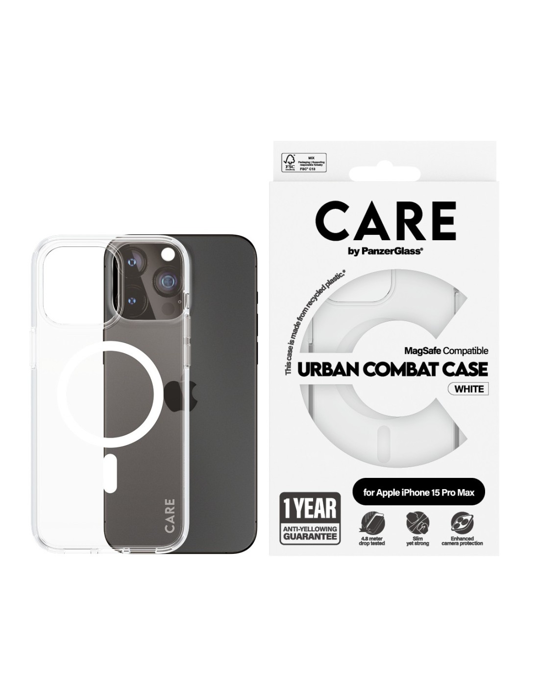 CARE by PanzerGlass Flagship Case Transparent Urban Combat w. White MagSafe iPhone 15 Pro Max