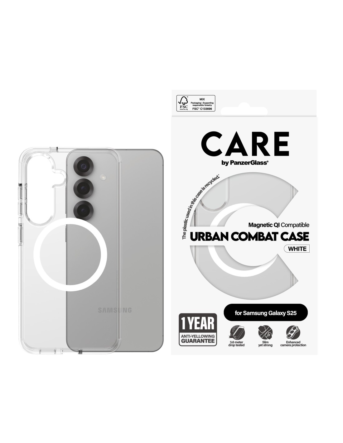 CARE by PanzerGlass Flagship Case Transparent Urban Combat w. White QI Module Samsung S25
