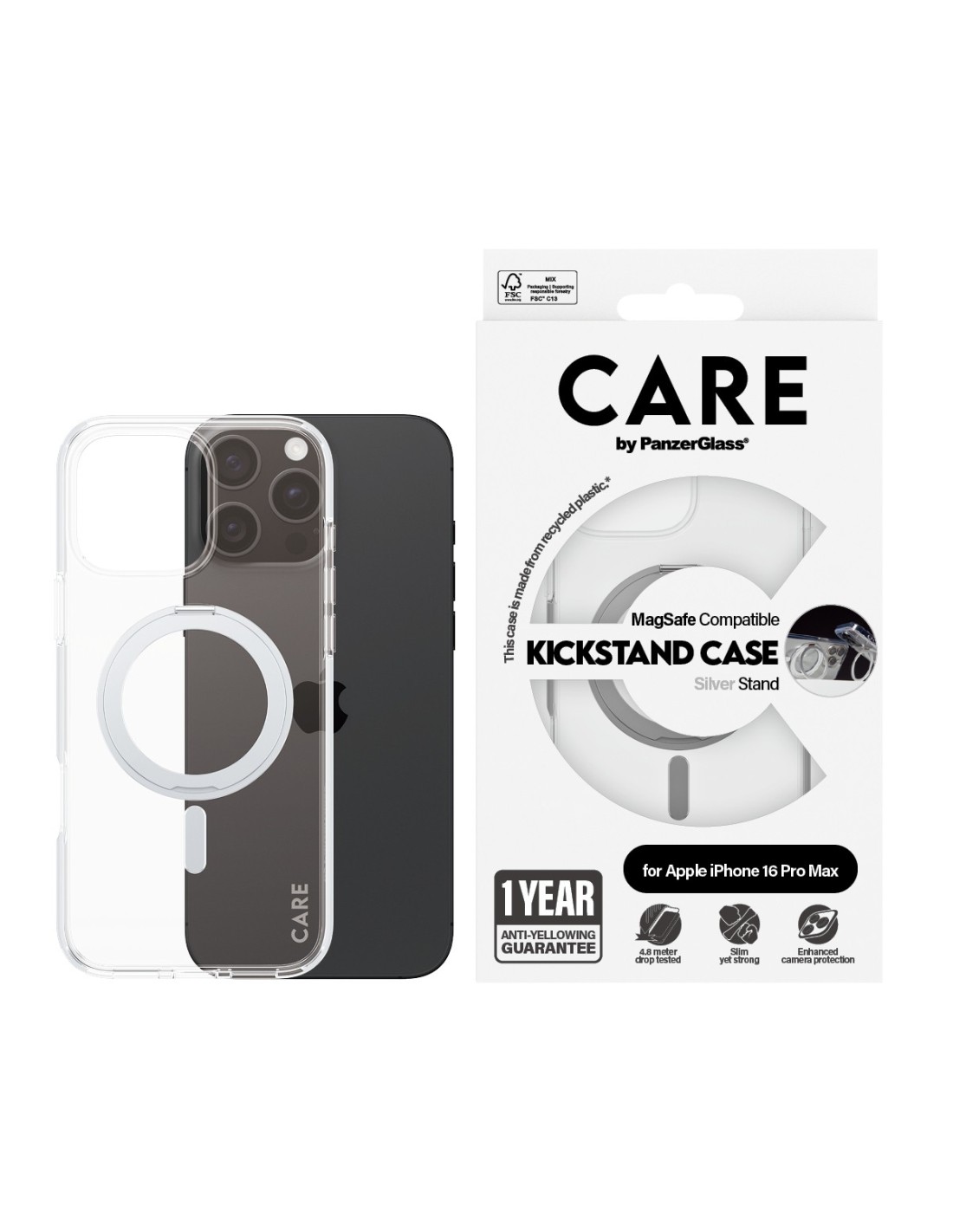 CARE by PanzerGlass Feature Case Transparent w. Silver Kickstand & MagSafe iPhone 16 Pro Max