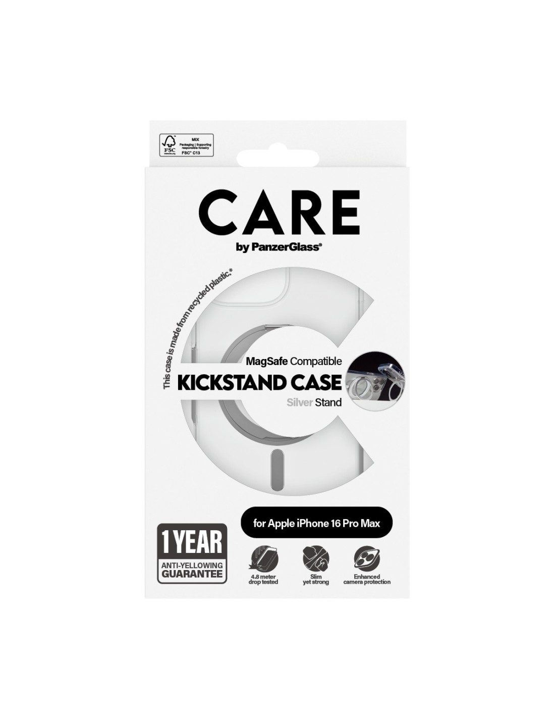 CARE by PanzerGlass Feature Case Transparent w. Silver Kickstand & MagSafe iPhone 16 Pro Max