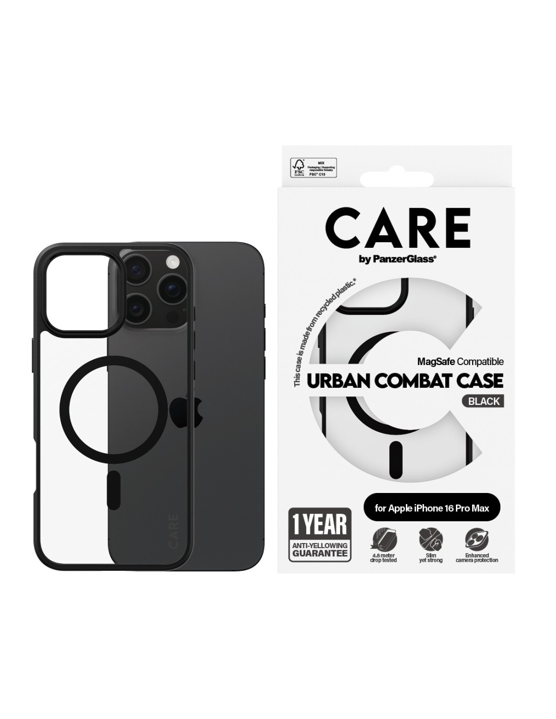 CARE by PanzerGlass Flagship Case Transparent Urban Combat w. Black Frame & MagSafe iPhone 16 Pro Max
