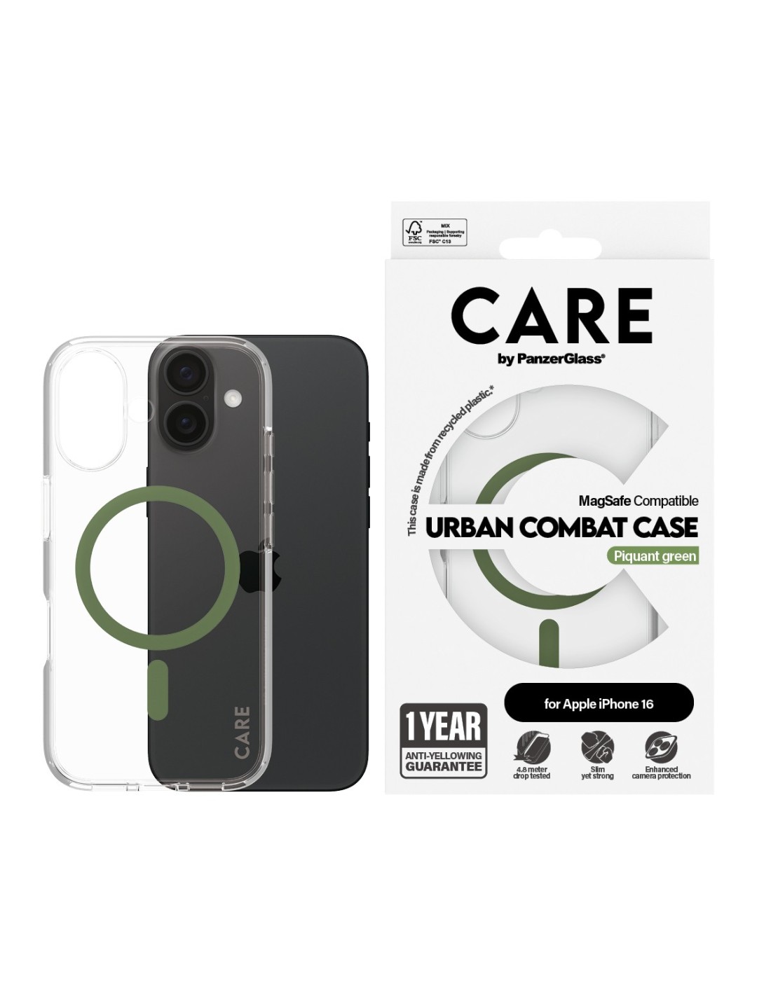 CARE by PanzerGlass Flagship Case Transparent Urban Combat w. Green MagSafe iPhone 16