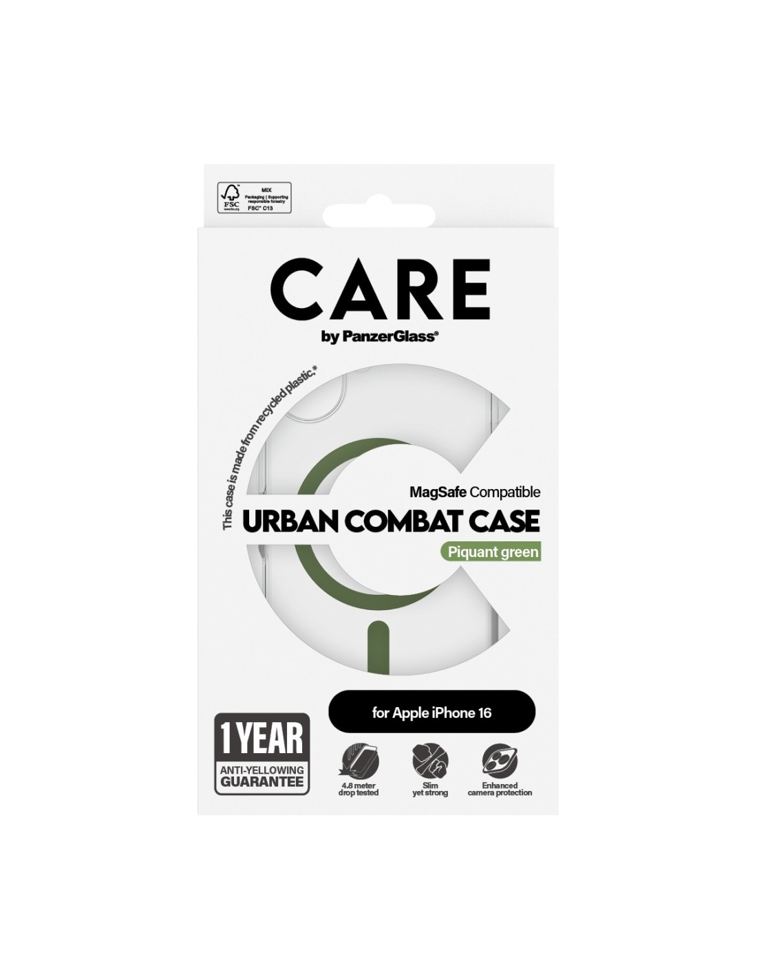 CARE by PanzerGlass Flagship Case Transparent Urban Combat w. Green MagSafe iPhone 16