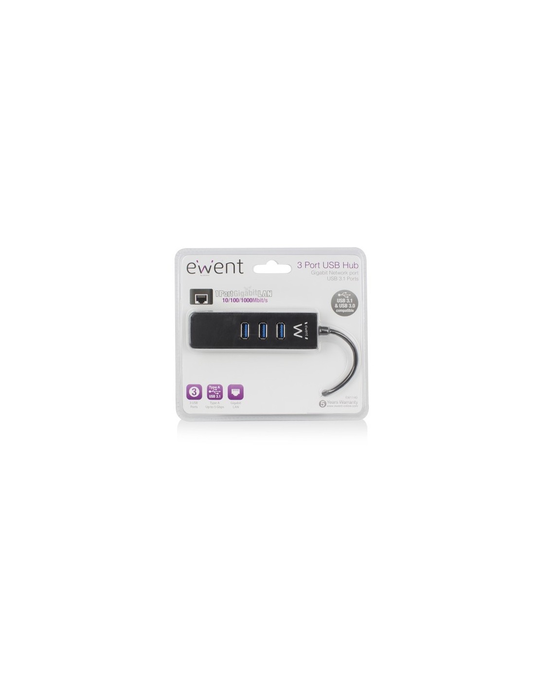 Ewent EW1140 interface hub USB 3.2 Gen 1 (3.1 Gen 1) Type-A 5000 Mbit s Zwart