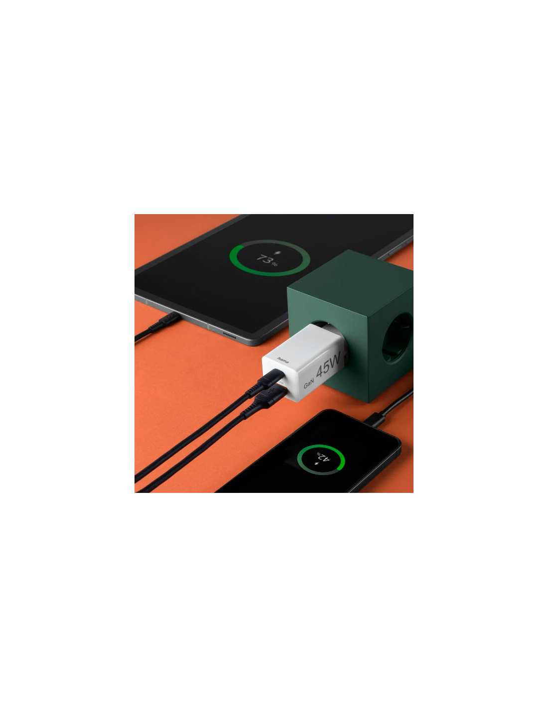 Hama Snellader, 1x USB-C PD, 1x USB-A QC, mini-oplader, 45 W, wit Adapter