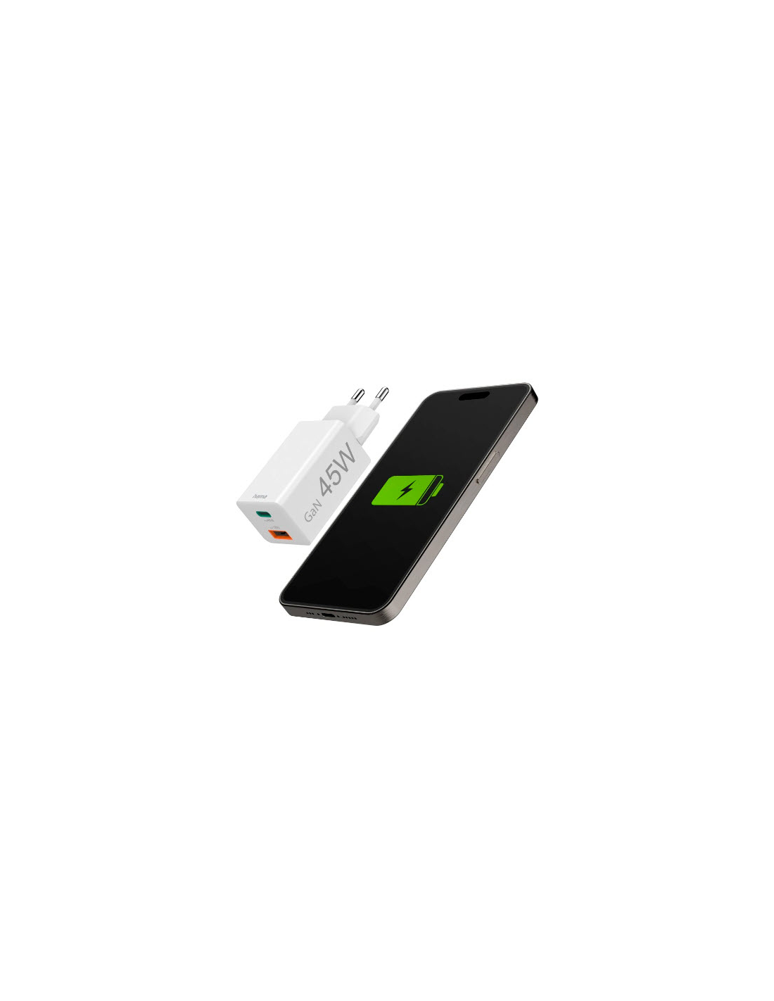 Hama Snellader, 1x USB-C PD, 1x USB-A QC, mini-oplader, 45 W, wit Adapter