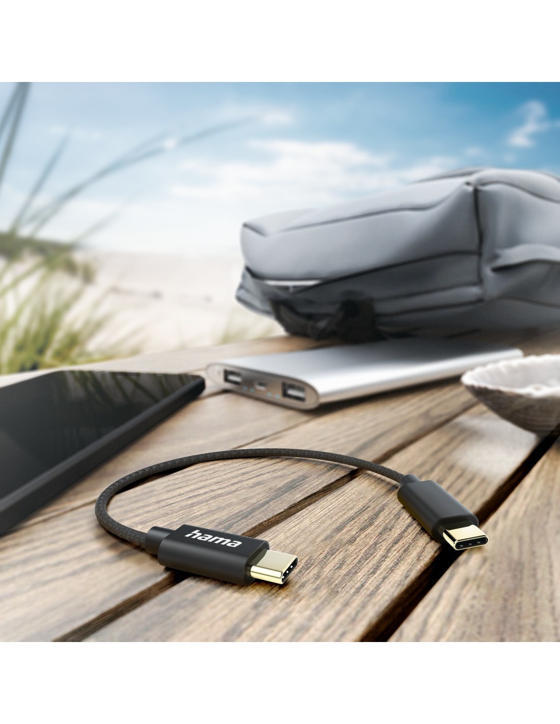 Oplaadkabel, USB-C - USB-C, 0,2 m, nylon, zwart