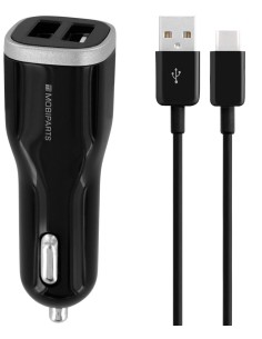 Mobiparts Car Charger Dual USB 12W 2.4A + USB-C Cable Black