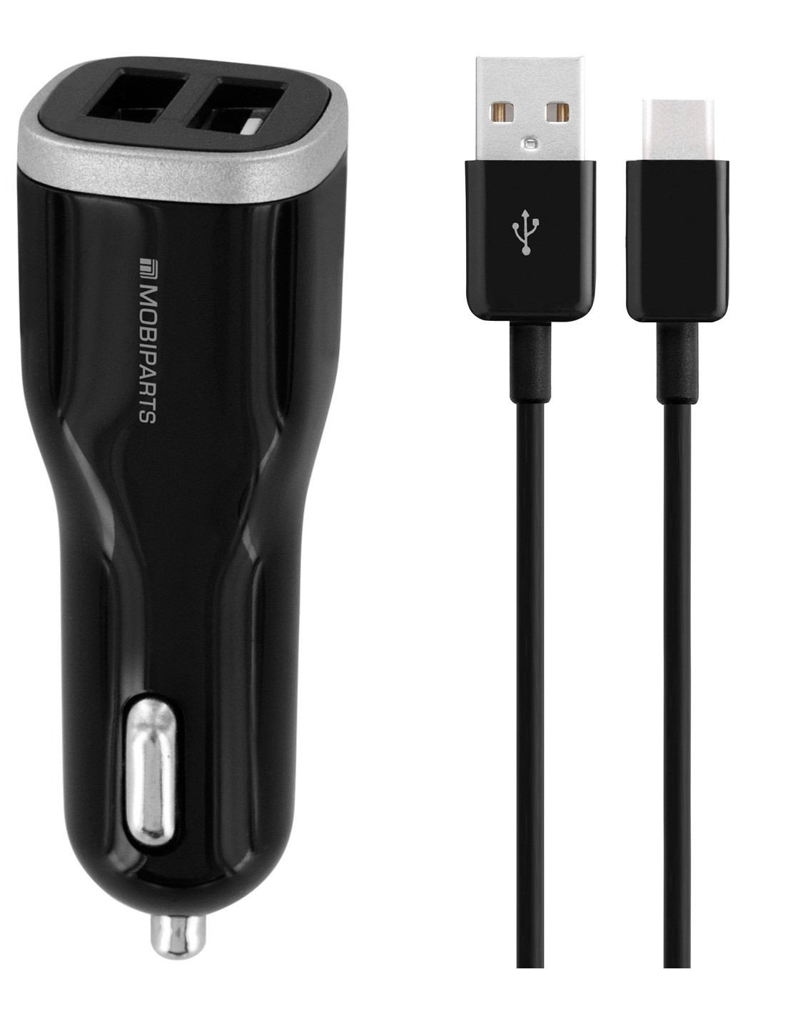 Mobiparts Car Charger Dual USB 12W 2.4A + USB-C Cable Black