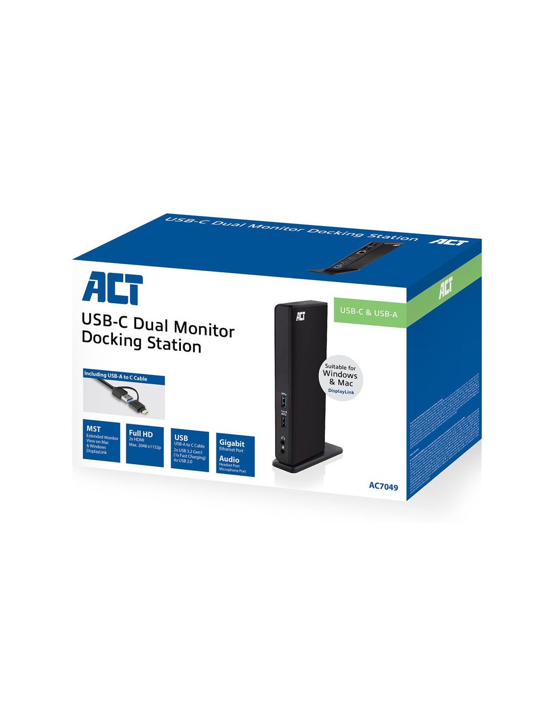 ACT AC7049 | USB-C A Multiport Docking Station | 2x HDMI (2048x1152) + Ethernet + 6x USB + Audio | Zwart