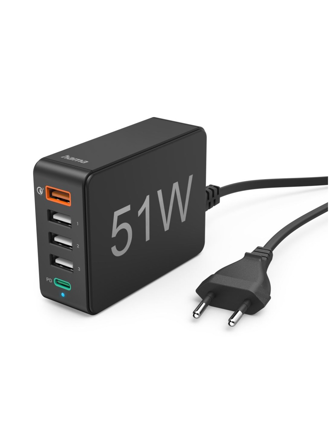 Oplaadstation, 51 watt, 5-voudig (1xQC3.0, 3xUSB-A, 1xUSB-C PD), zwart