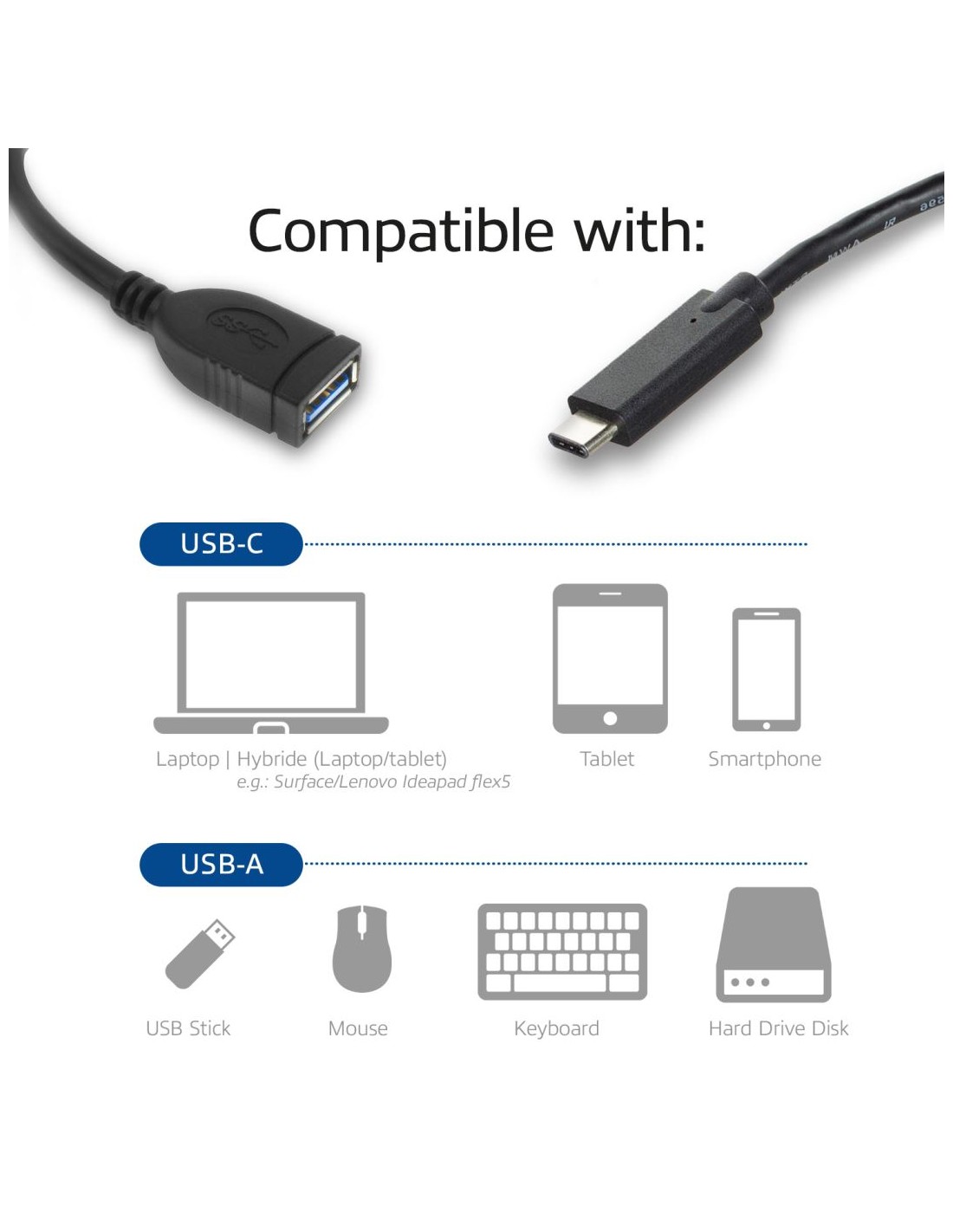 ACT AC7340 | USB 3.2 Gen 1 | USB-C naar USB-A | 0.2m | Zwart