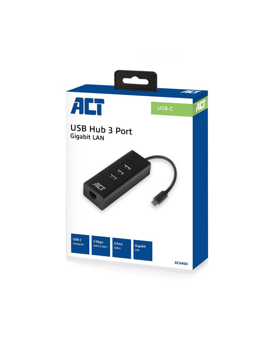 ACT AC6400 interface hub USB 3.2 Gen 1 (3.1 Gen 1) Type-C 5000 Mbit/s Zwart