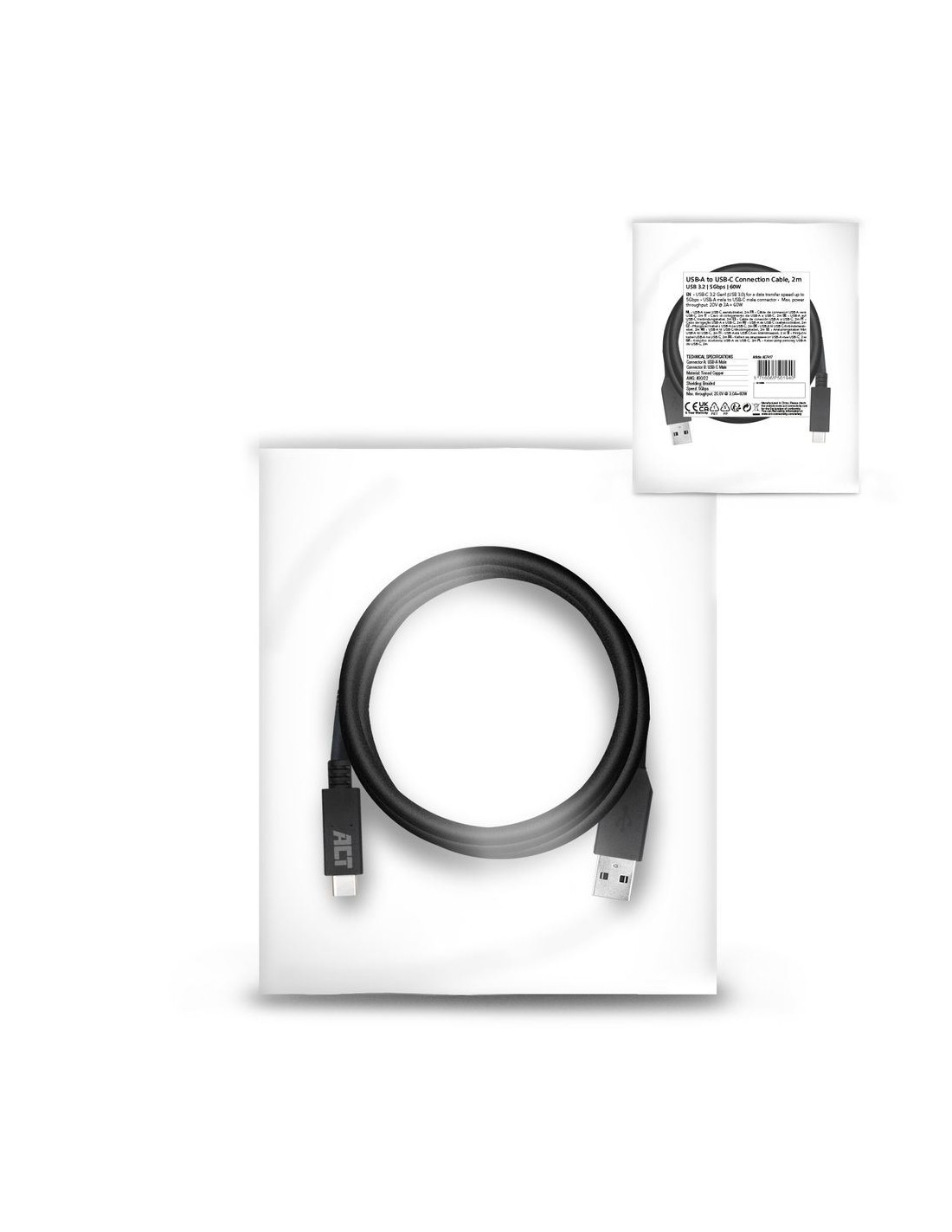 ACT AC7417 | USB 3.2 Gen 1 | USB-C naar USB-A | 2m | Zwart