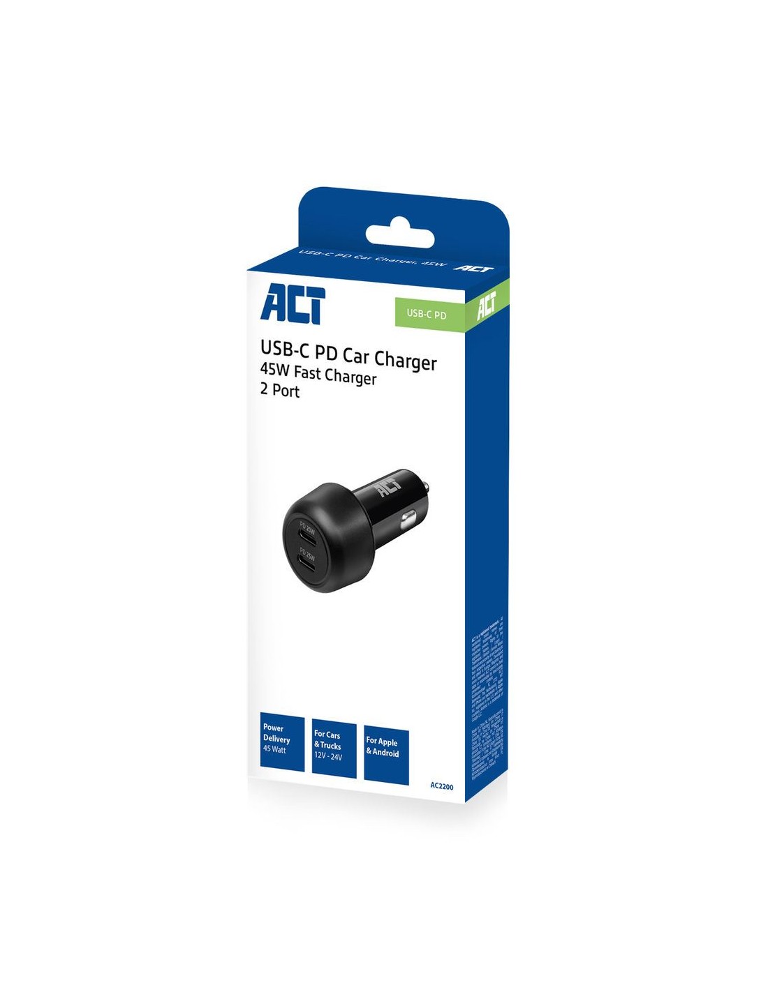 ACT AC2200 | USB-C Autolader voor Mobiele Apparaten 25W | Zwart