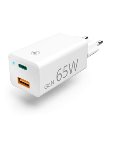 Mini-Oplader, GaN, USB-C Power Delivery (PD) + USB-A QC3.0, 65W, wit