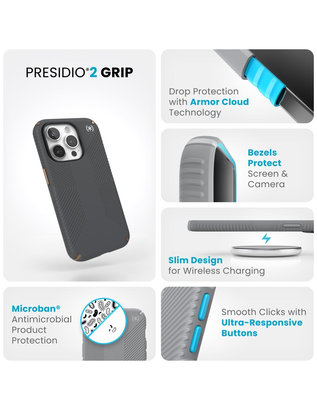 Speck Presidio2 Grip Apple iPhone 15 Pro Charcoal Grey -  with Microban